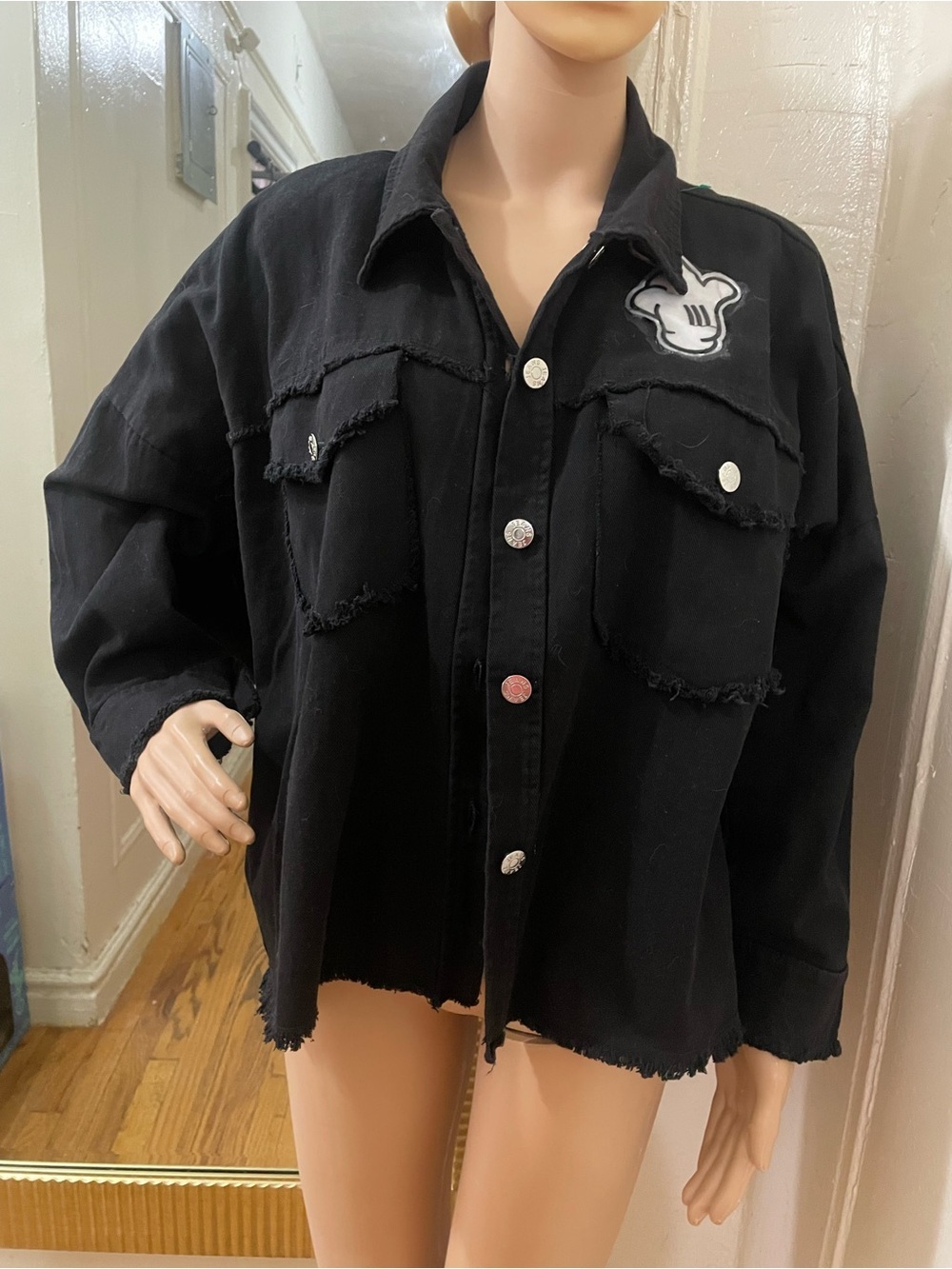 Oversized Black Distressed Jean Jacket with Patch Detail